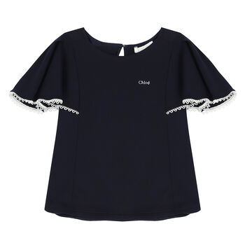 Girls Navy Blue Logo Ruffle Sleeve T-Shirt