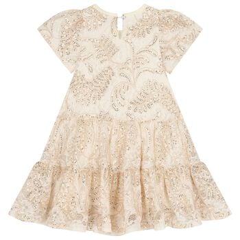 Girls Beige & Gold Lace Dress