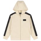 Boys Beige & Black Logo Hooded Zip Up Top , 1, hi-res
