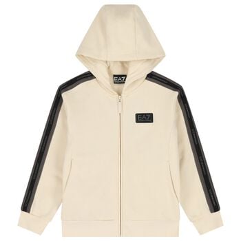 Boys Beige & Black Logo Hooded Zip Up Top 