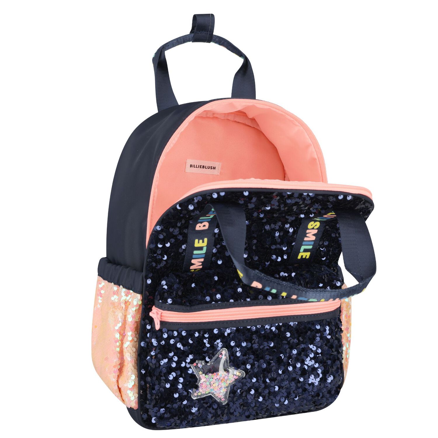 Girls Navy Blue Sequin Logo Backpack, 1, hi-res