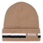 Boys Beige Logo Beanie Hat, 2, hi-res