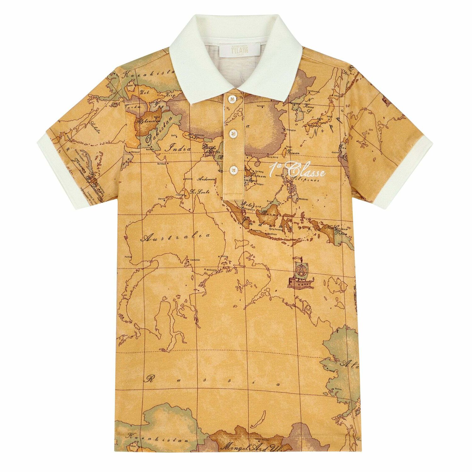 Boys Beige Geo Map Polo Shirt, 1, hi-res