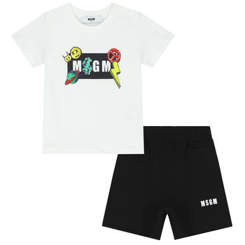 Younger Boys White & Black Logo Shorts Set