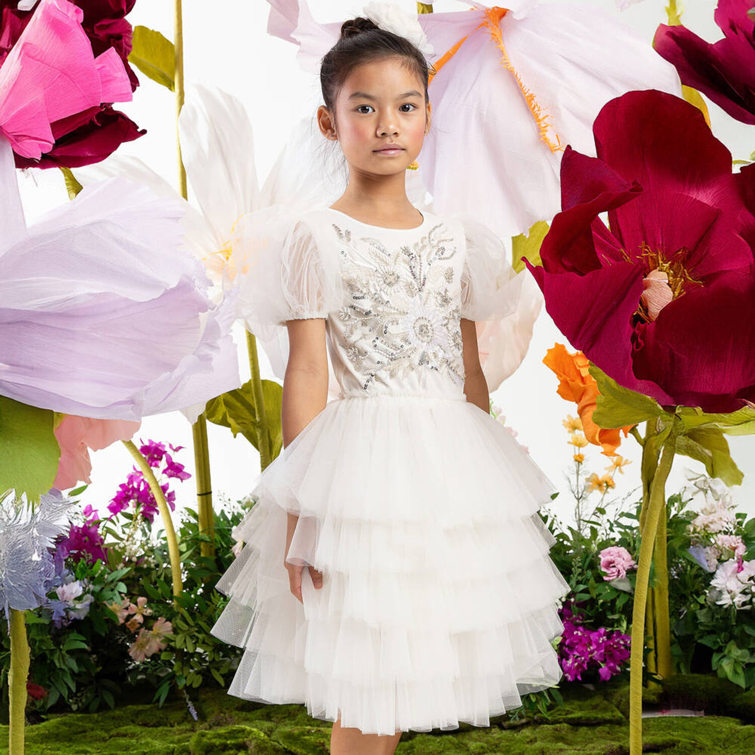 Girls White Embellished Tulle Dress, 1, hi-res image number null