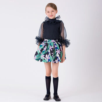 Girls Navy Blue & Green Floral Skirt Set