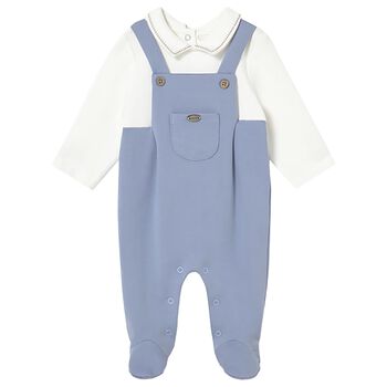 Baby Boys Blue & Ivory Dungaree Babygrow