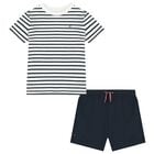 Baby Boys White & Navy Blue Striped Shorts Set, 1, hi-res