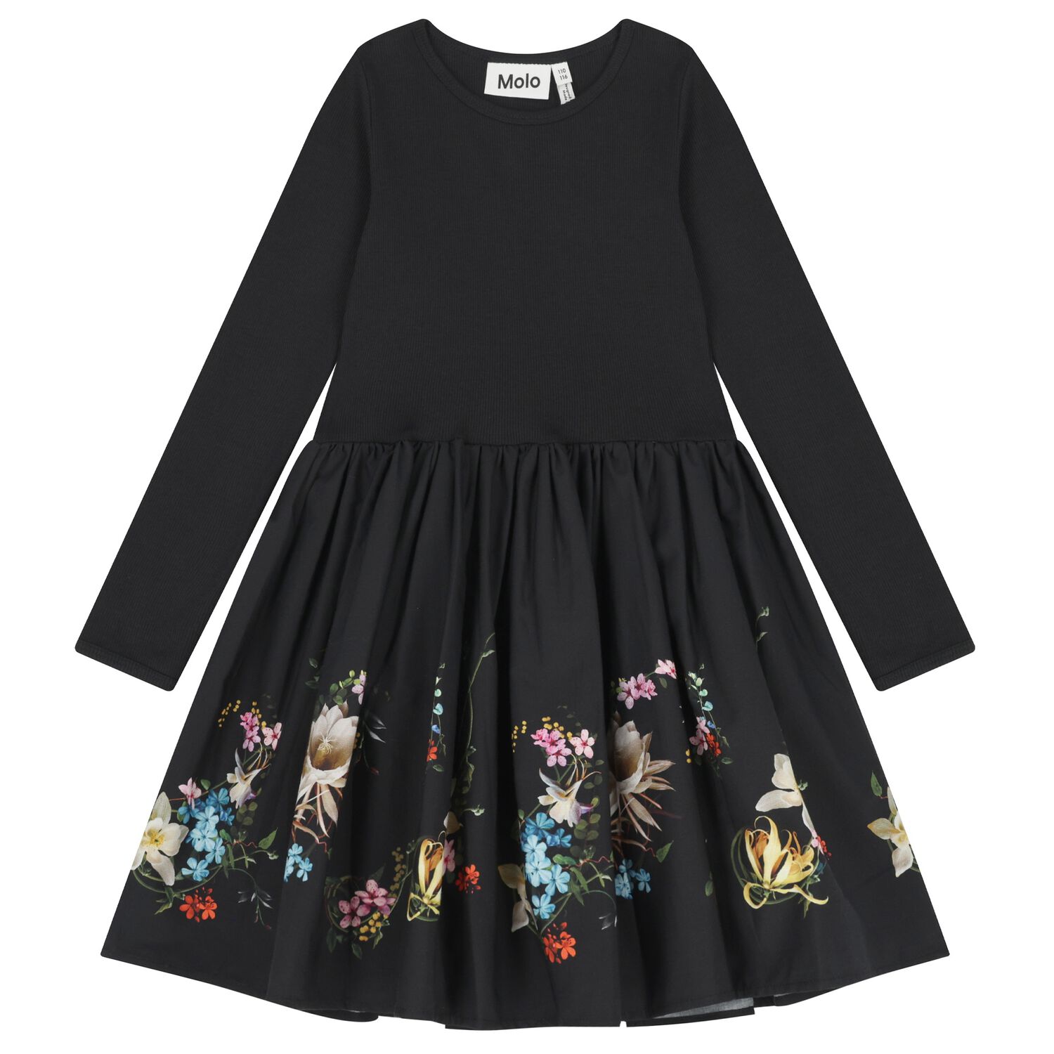 Girls Black Pleated Floral Dress, 2, hi-res