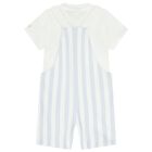 Baby Boys White & Blue Striped Logo Dungaree Set, 2, hi-res