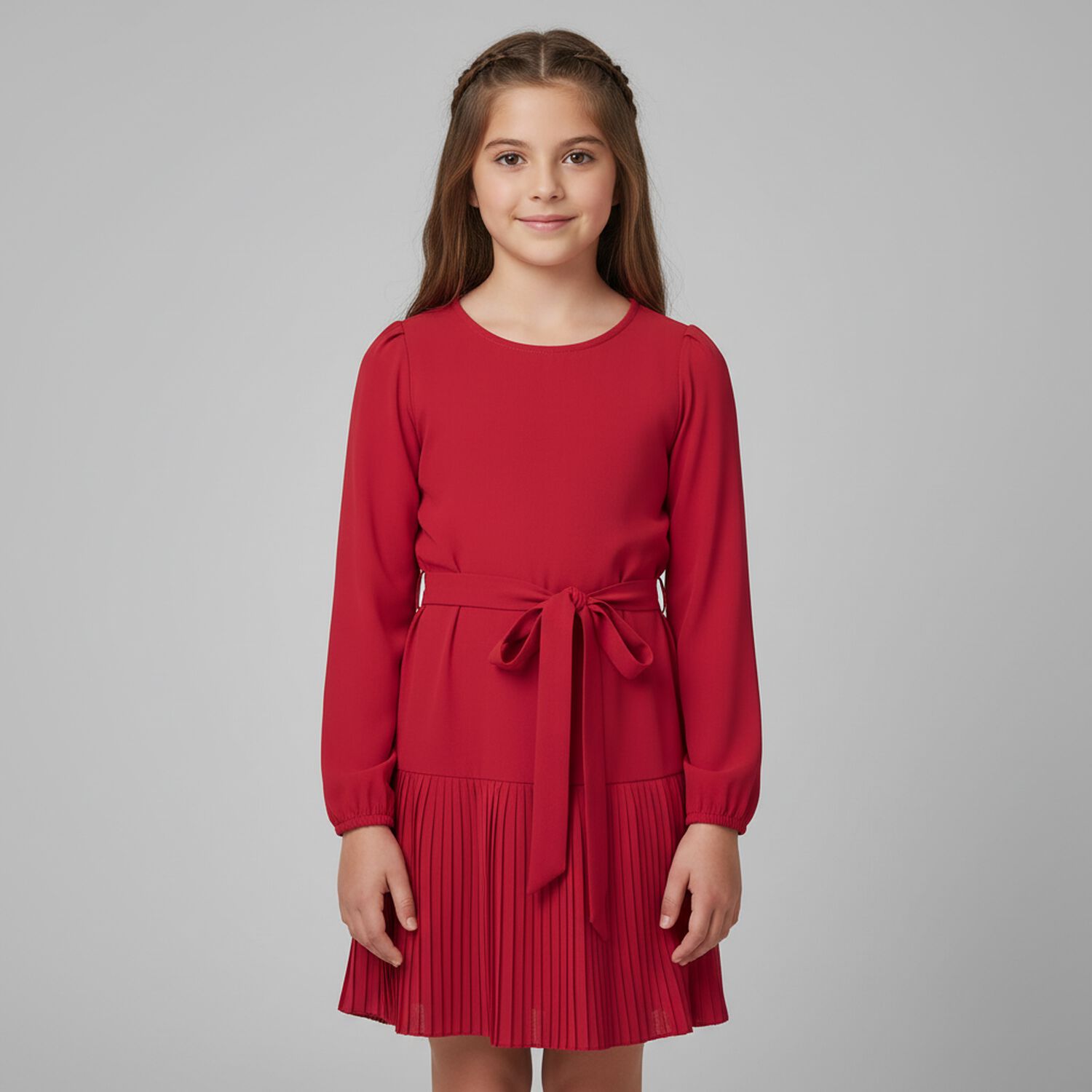 Girls Red Pleated Dress, 1, hi-res