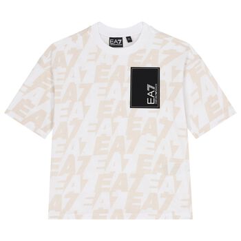 Boys White & Beige Logo T-Shirt