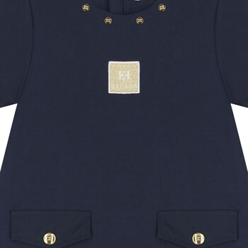 Girls Navy Blue Logo Pleated Dress