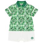 Baby Boys Green & White Majolica Romper, 1, hi-res