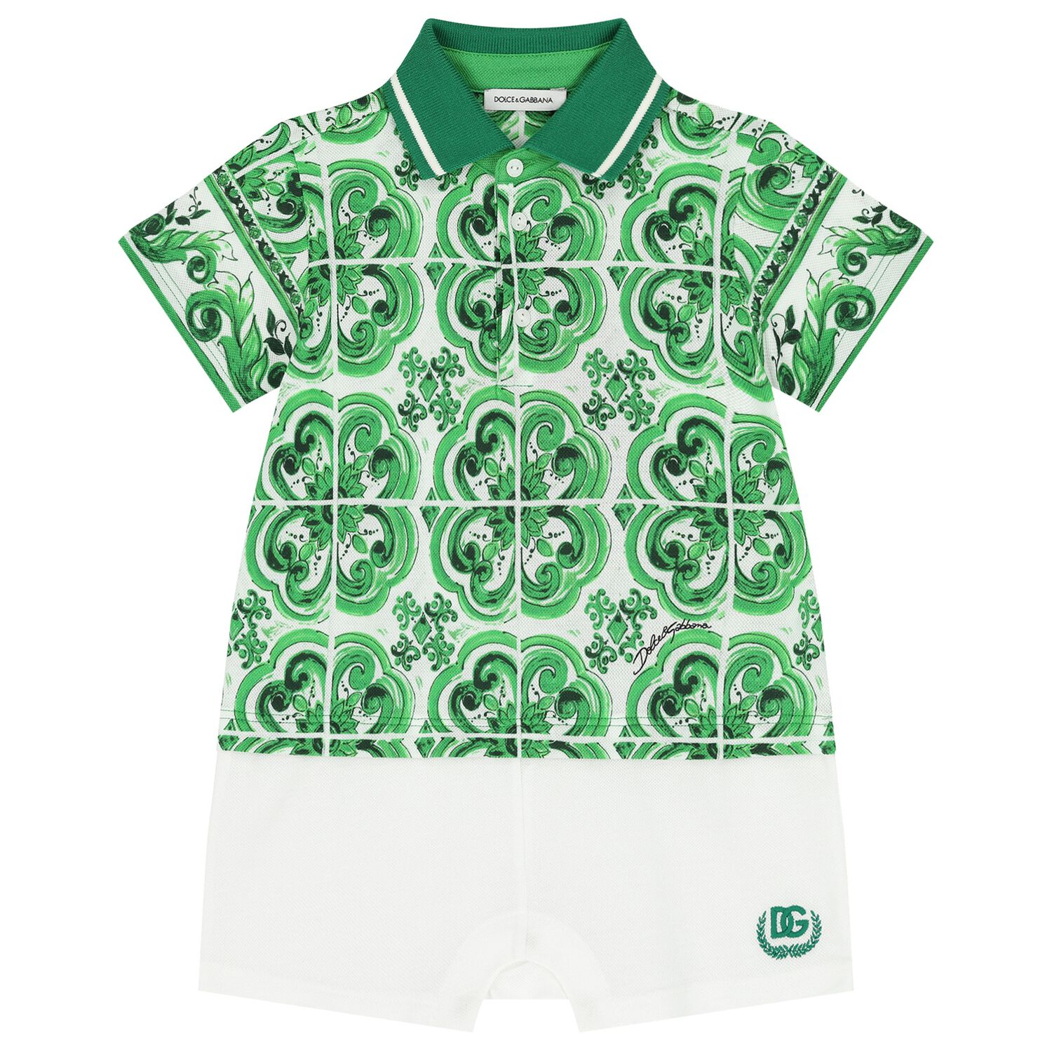Baby Boys Green & White Majolica Romper, 1, hi-res