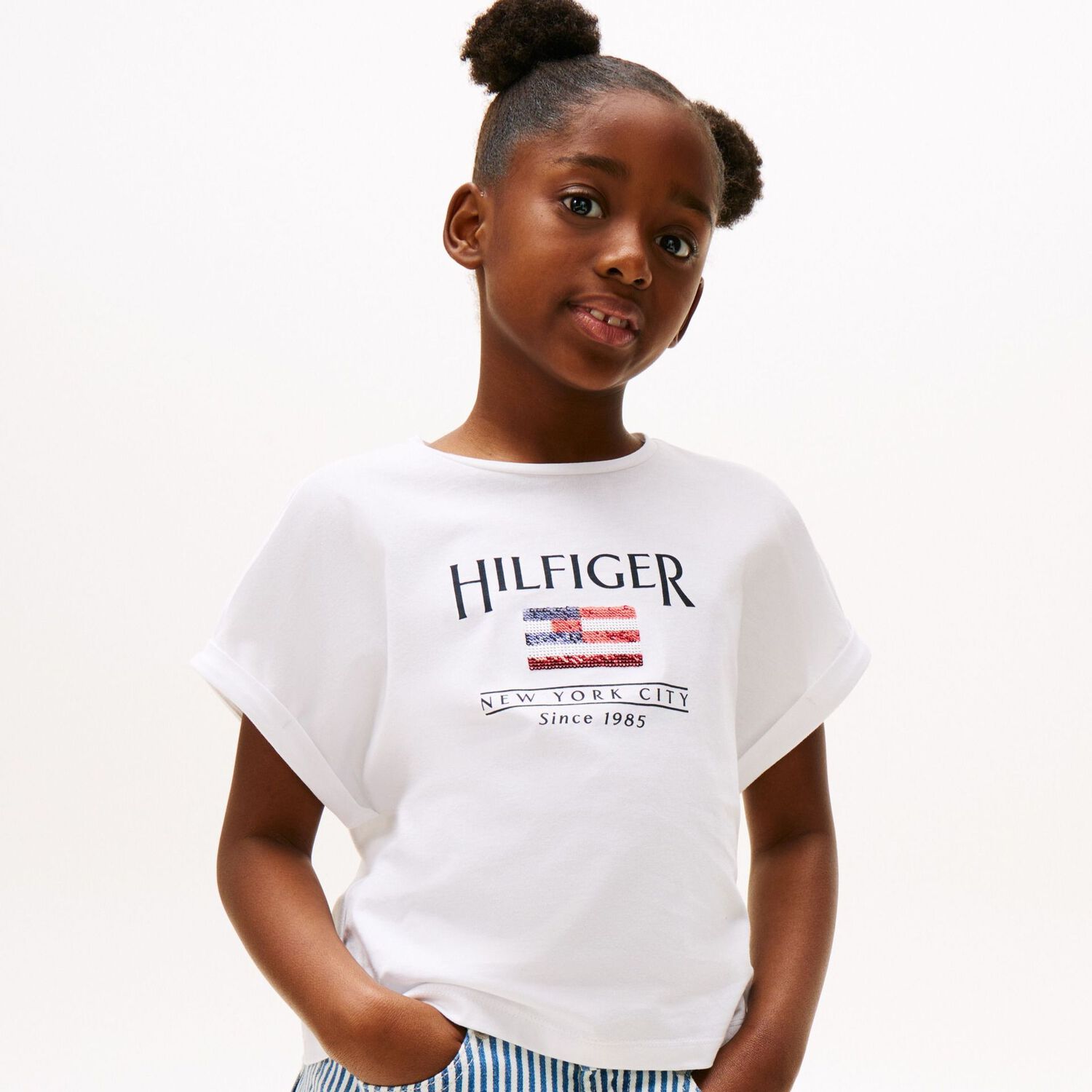 Girls White Cotton Sequin Flag T-Shirt, 2, hi-res