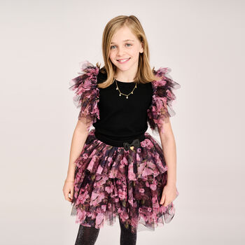 Girls Black & Pink Rose Tulle Skirt