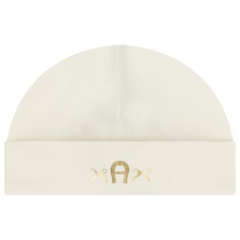 قبعه بنات بالشعار باللون العاجى والذهبي 