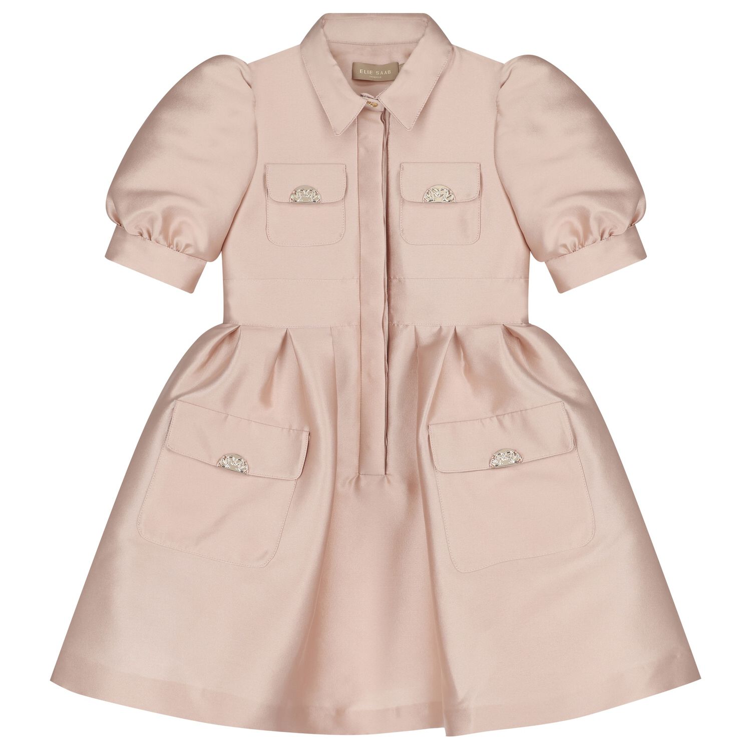 Girls Pink Satin Puff Sleeve Dress, 1, hi-res
