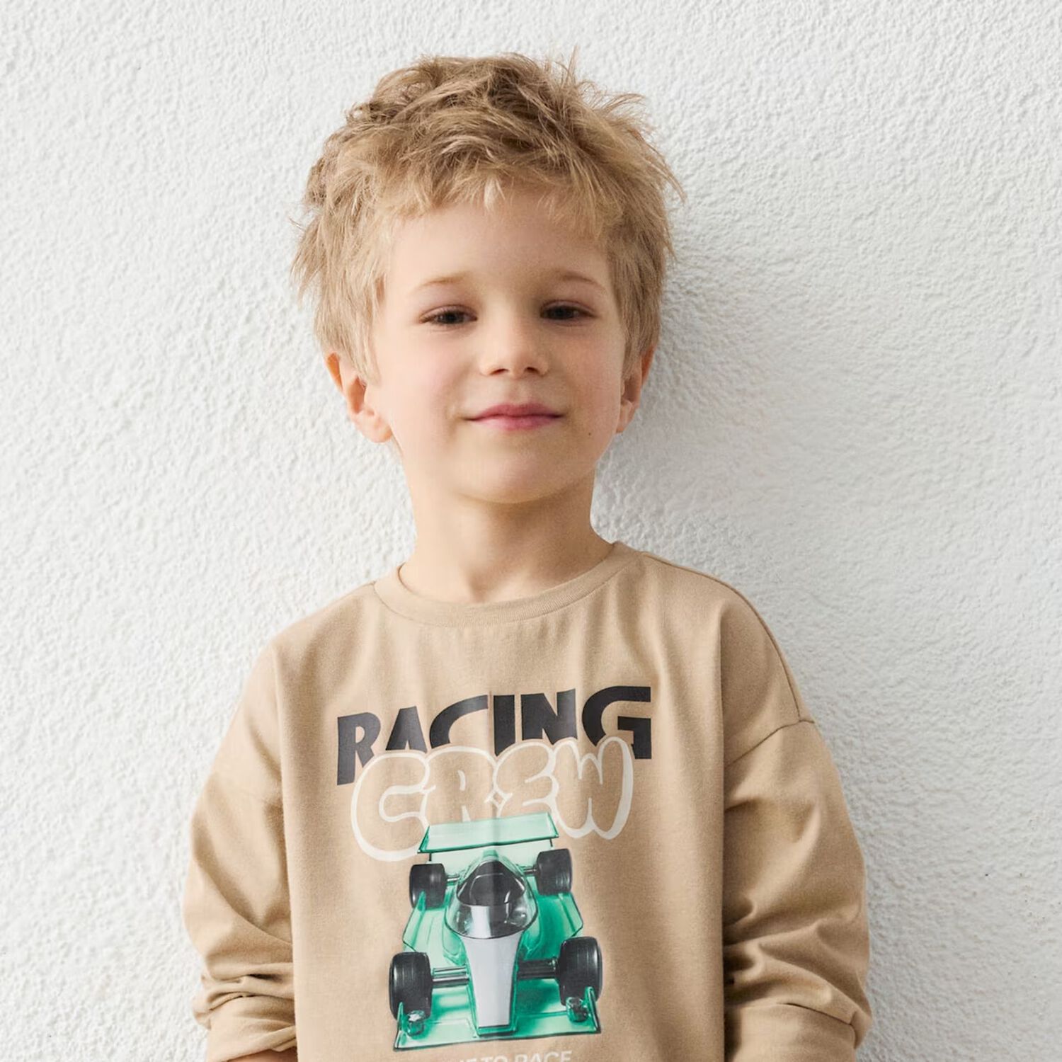 Boys Beige Formula 1 Car Long Sleeve Top, 1, hi-res