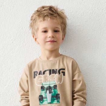 Boys Beige Formula 1 Car Long Sleeve Top