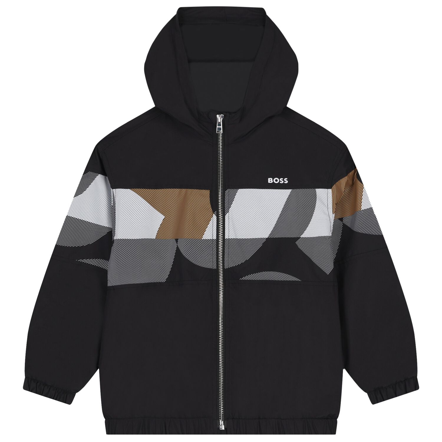 Boys Black Logo Hooded Zip Up Top, 1, hi-res