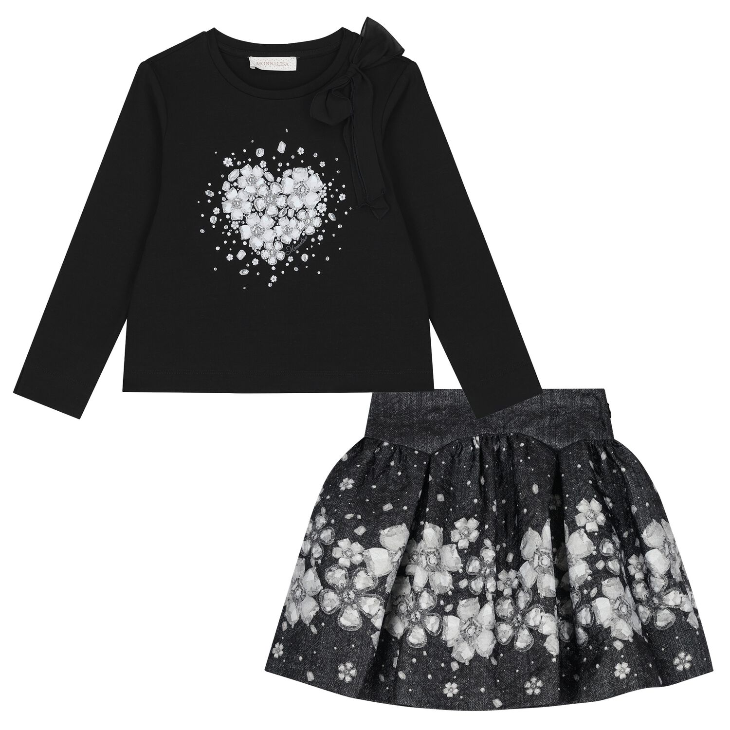 Girls Black Embellished Floral Skirt Set, 2, hi-res