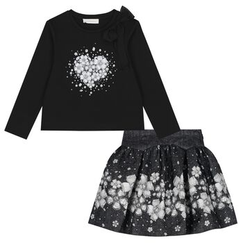 Girls Black Embellished Floral Skirt Set