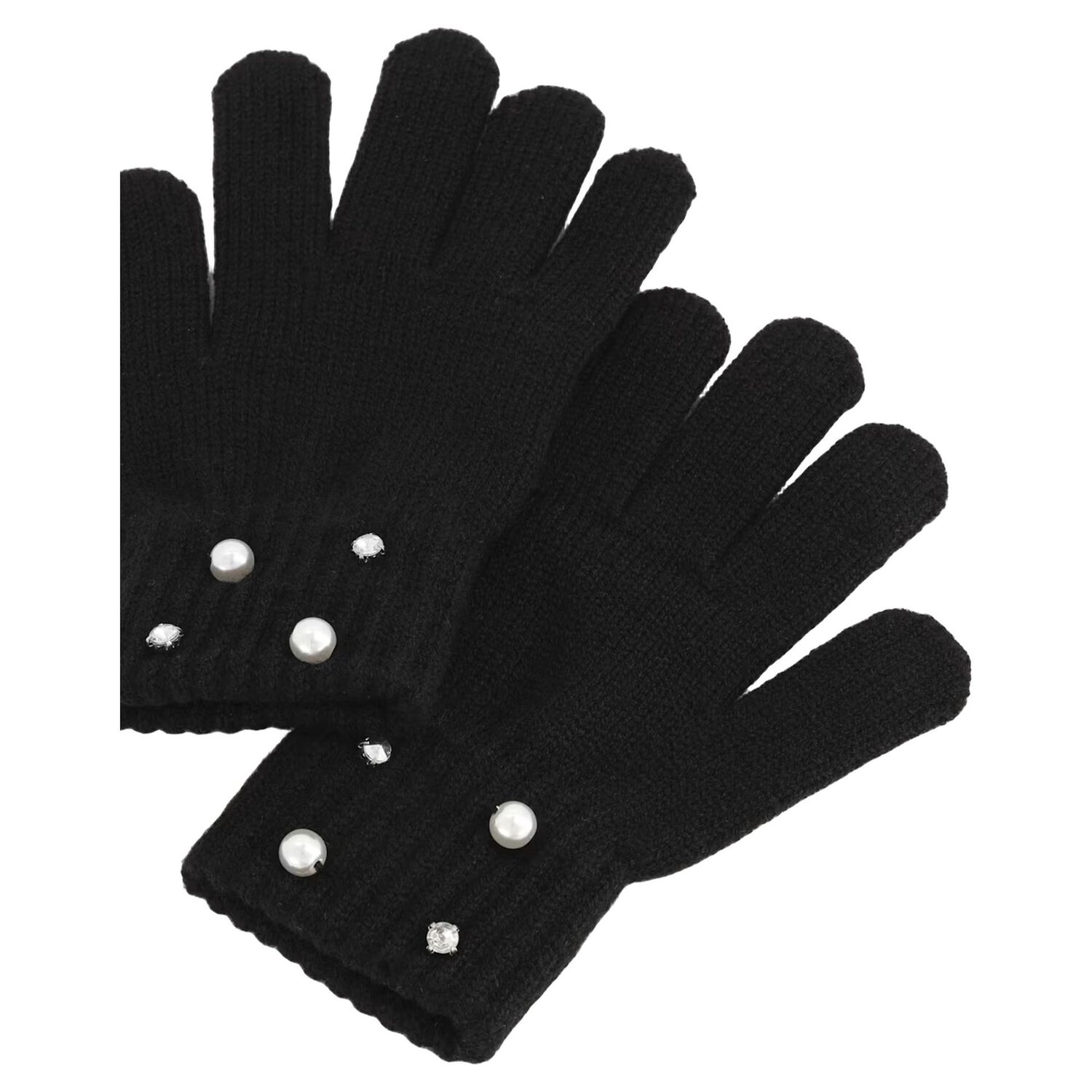 Girls Black Embellished Knitted Gloves, 2, hi-res