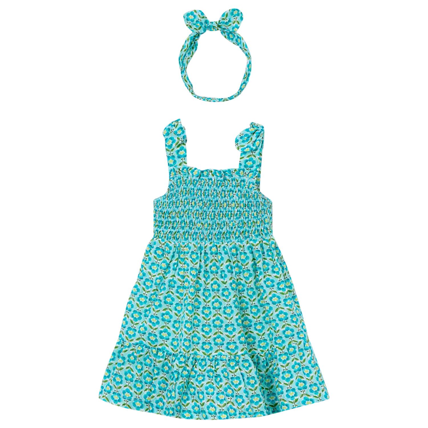 Girls Green Floral Smocked Dress Set, 1, hi-res