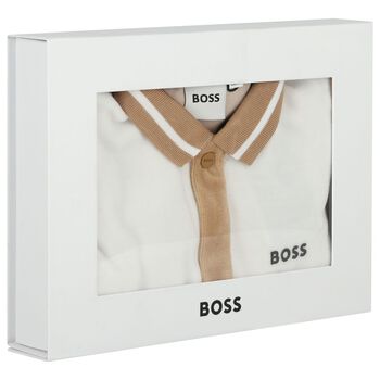 Baby Boys Beige & White Logo Babygrow