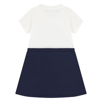 Younger Girls White & Navy Blue Logo Dress