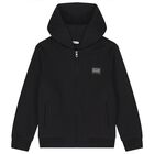 Black Logo Hooded Zip Up Top, 1, hi-res