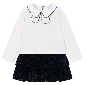 Girls White & Black Velvet Skirt Set