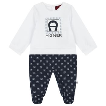 Baby Boys White & Navy Blue Logo Babygrow
