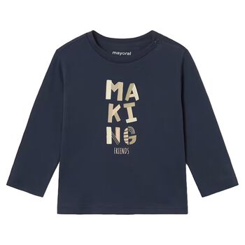 Younger Boys Navy Blue Slogan Long Sleeve Top