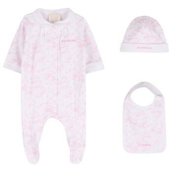 Baby Girls White & Pink Toile de Jouy Babygrow Gift Set