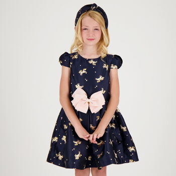 Girls Navy Blue Unicorn Jacquard Dress