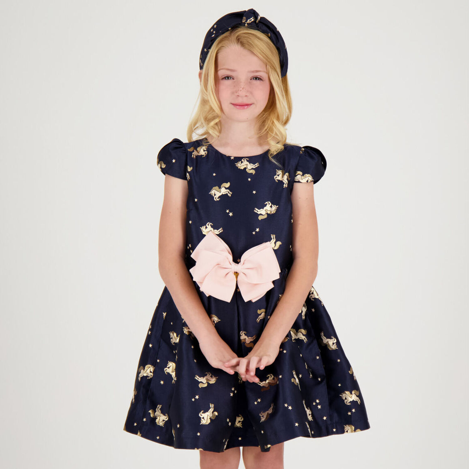 Girls Navy Blue Unicorn Jacquard Dress, 3, hi-res image number null