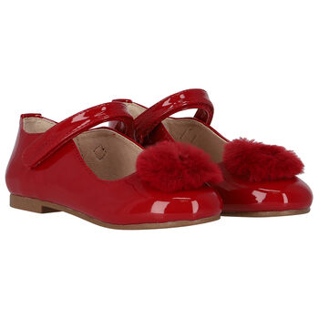 Girls Red Fur Patent Leather  Shoes