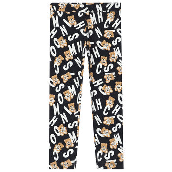 Girls Black Teddy Bear Logo Leggings