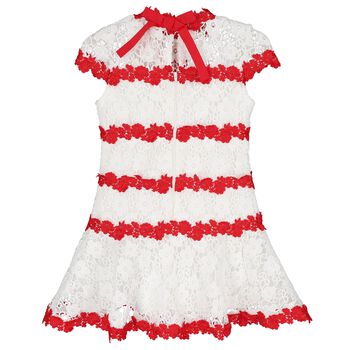 Girls White & Red Embroidered Floral Dress