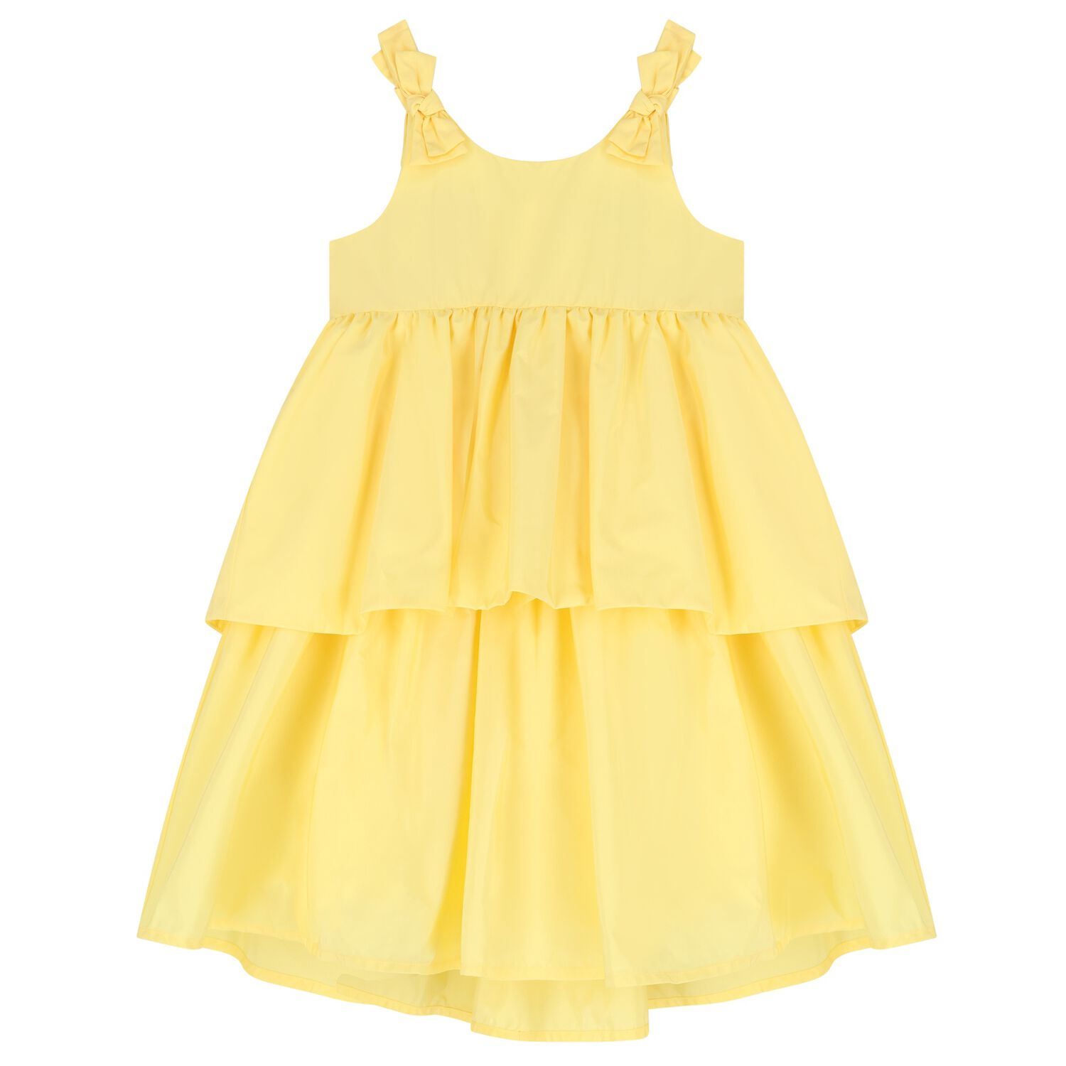 Girls Yellow Bow Tiered Dress, 1, hi-res