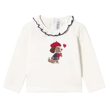 Younger Girls Ivory Dog Long Sleeve Top