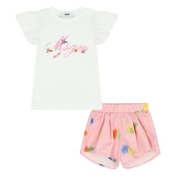 Younger Girls White & Pink Logo Shorts Set
