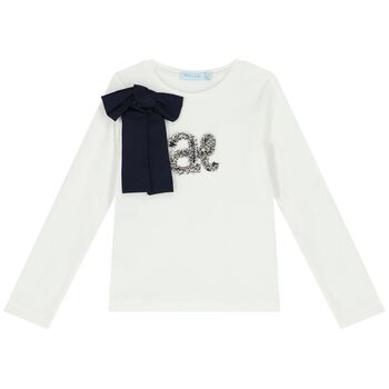Girls Ivory & Navy Blue Bow Long Sleeve Top