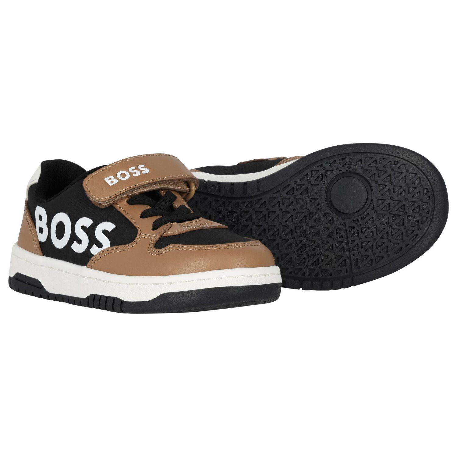 Boys Beige & Black Logo Trainers, 1, hi-res