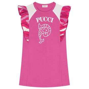 فستان لبلبنات باللون وردي وأبيض مكشكش بشعار