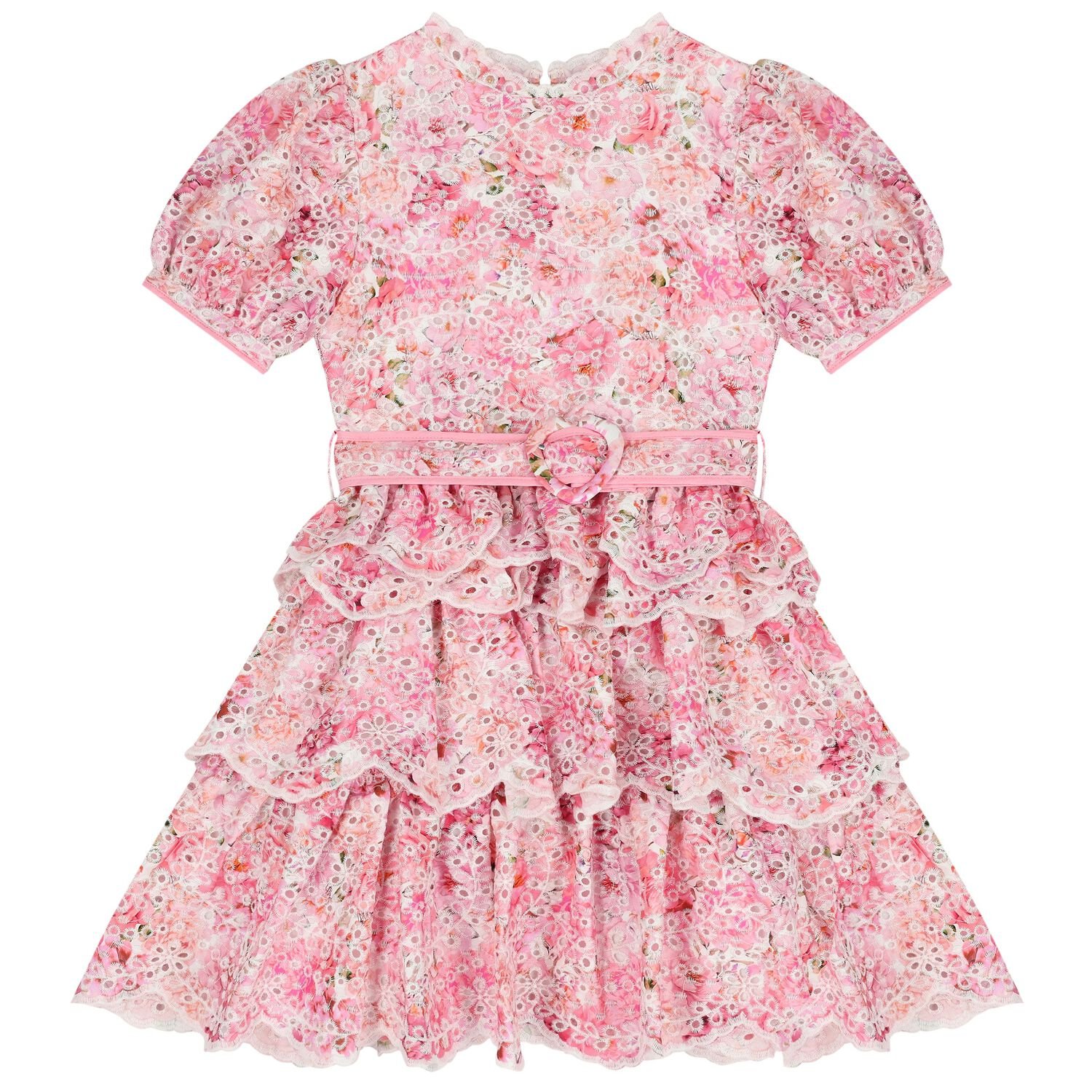 Girls Pink Embroidered Floral Tiered Dress , 1, hi-res
