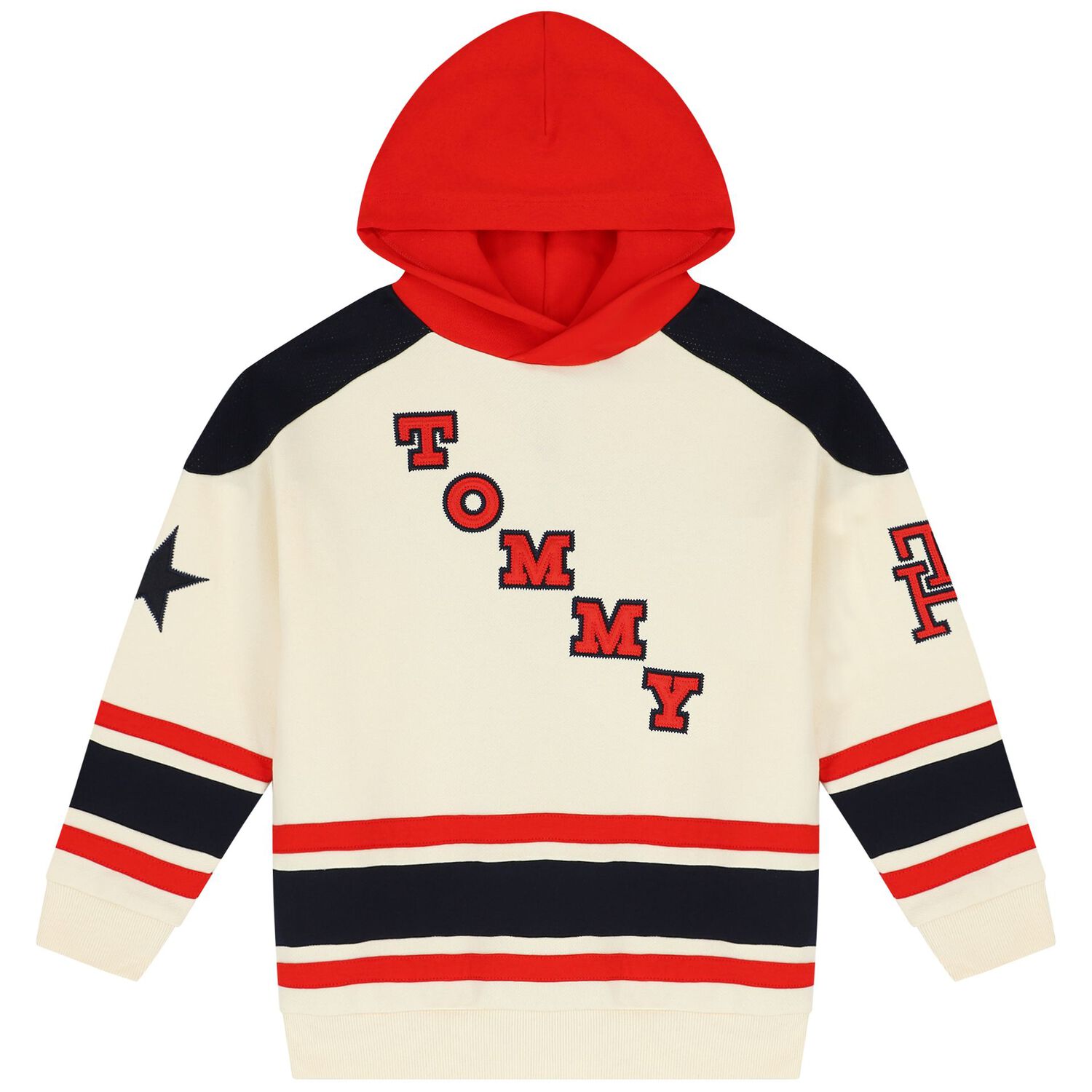Boys Navy Blue, Red & Ivory Logo Hooded Top, 1, hi-res image number null